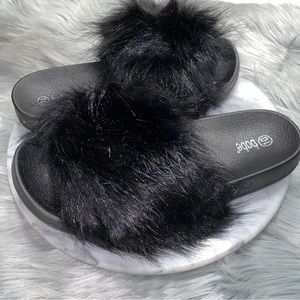 Black Faux Fur Slippers
